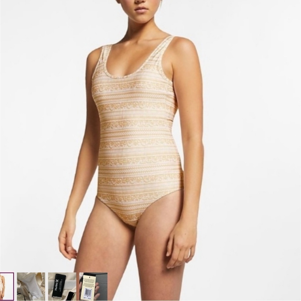 Hurley Women's One Piece Swimsuit in Beige and White Stripes